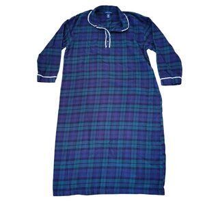 Charter Club Long Nightgown L Cotton Green Blue Plaid Button Front Lace Trim Mod